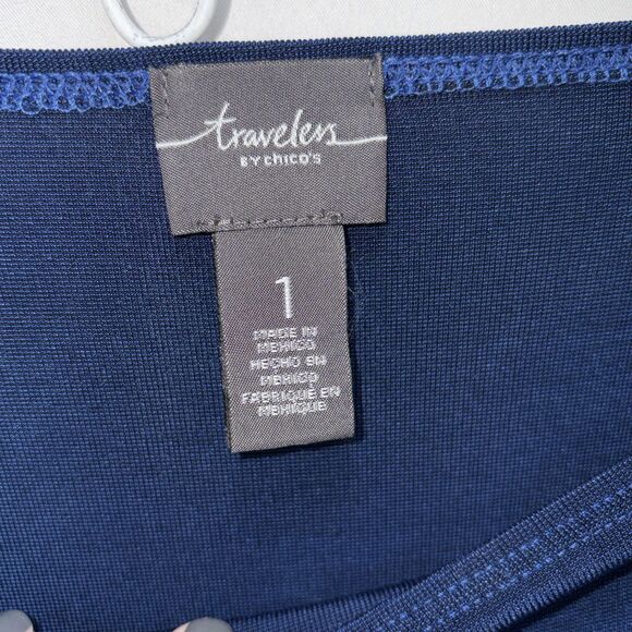 Chico’s Travelers Top Sz 1 (8-10) Deep Navy Blue Slinky Pullover 3/4 Sleeve Knit - Picture 2 of 8